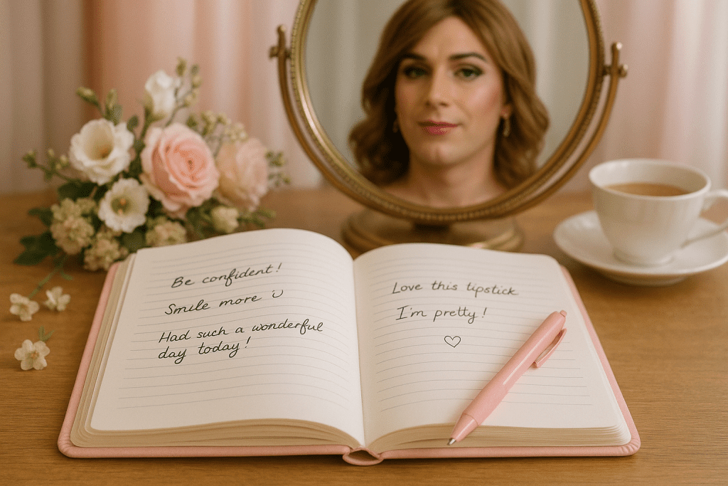 Open pastel diary with handwritten notes and pen, crossdresser reflection smiling proudly in mirror.”