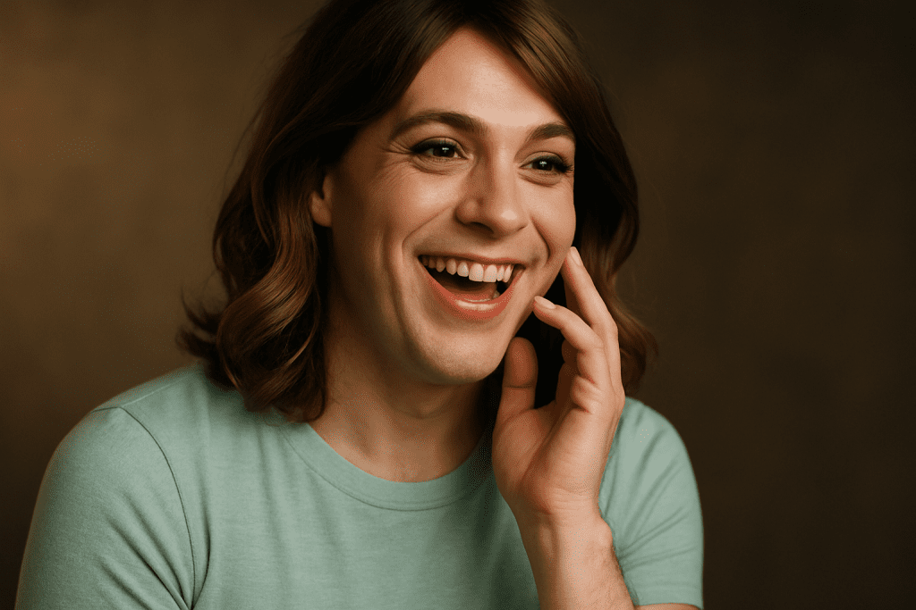 Feminized male smiling and speaking expressively, practicing feminine speech gestures.