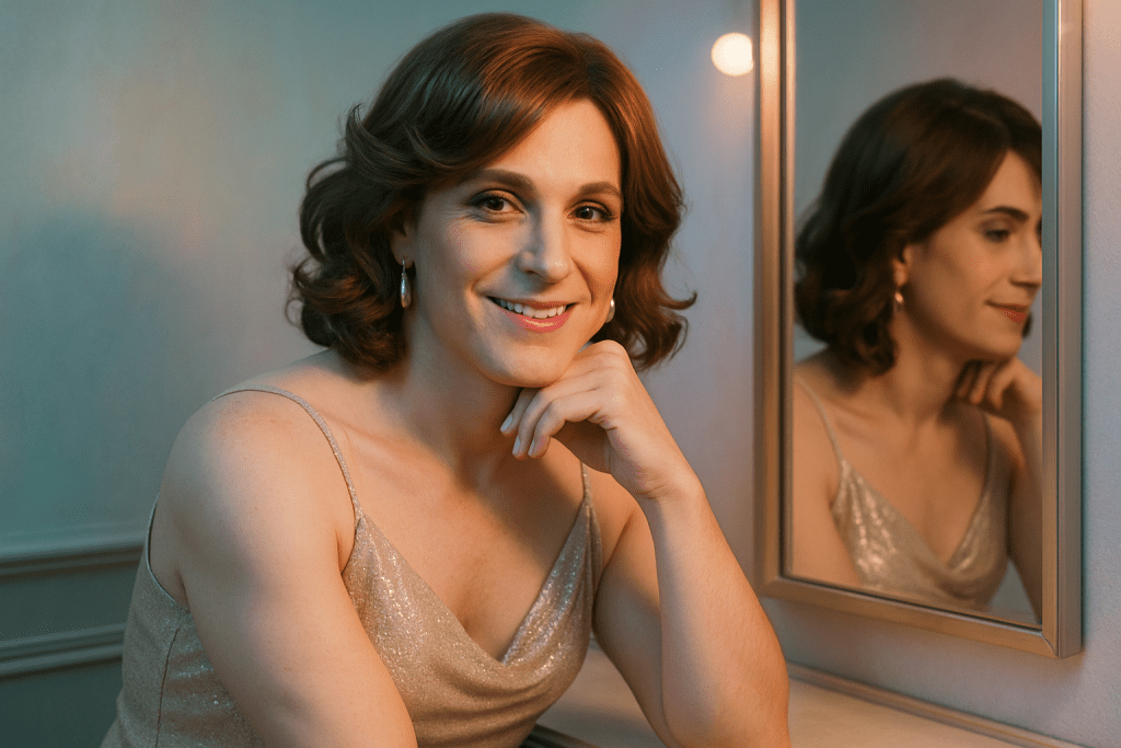 Crossdresser smiling confidently in pastel glam vanity mirror after voice training journey.