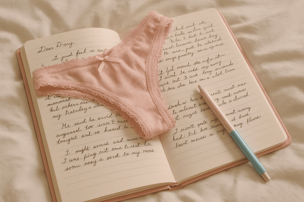 Feminine diary with panties and pen, symbolizing slut habits.