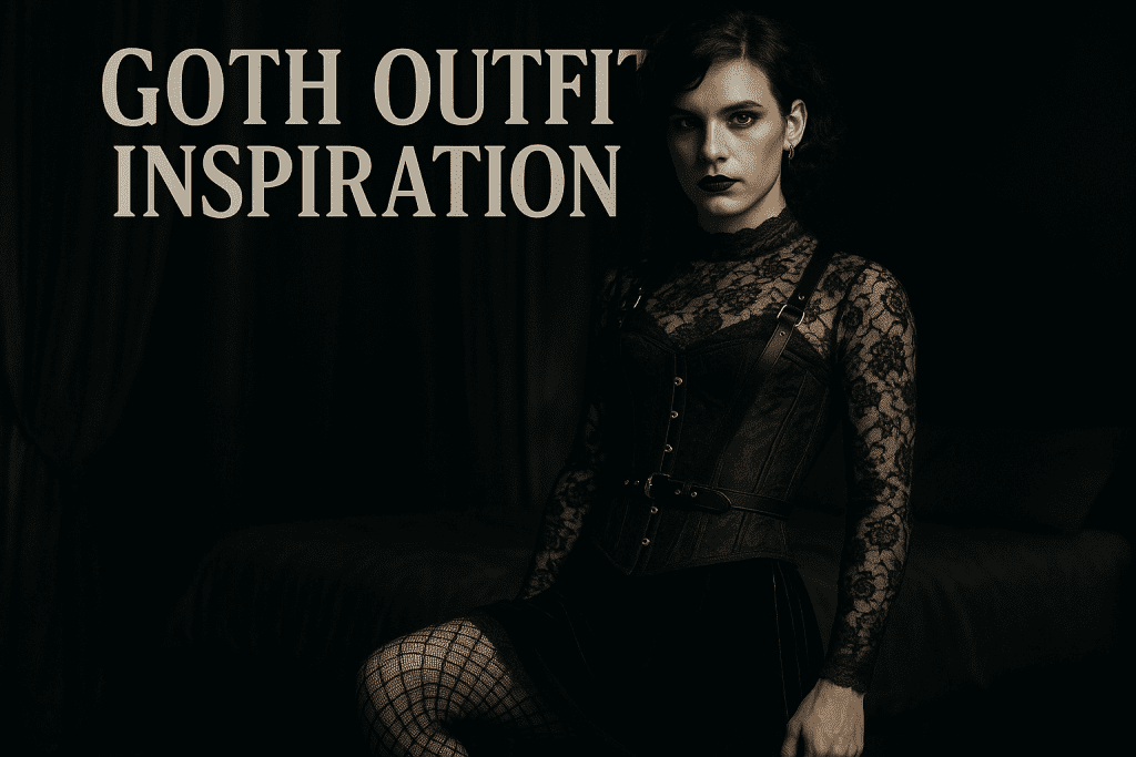 Goth sissy outfit inspiration – black lace corset, velvet skirt, fishnet tights, dark lipstick, chunky platform boots.