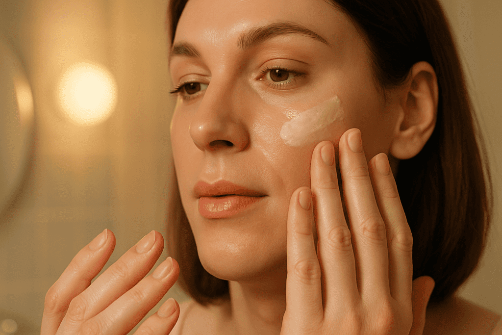 MTF beginner applying moisturizer before makeup selfie for smooth glowing skin.