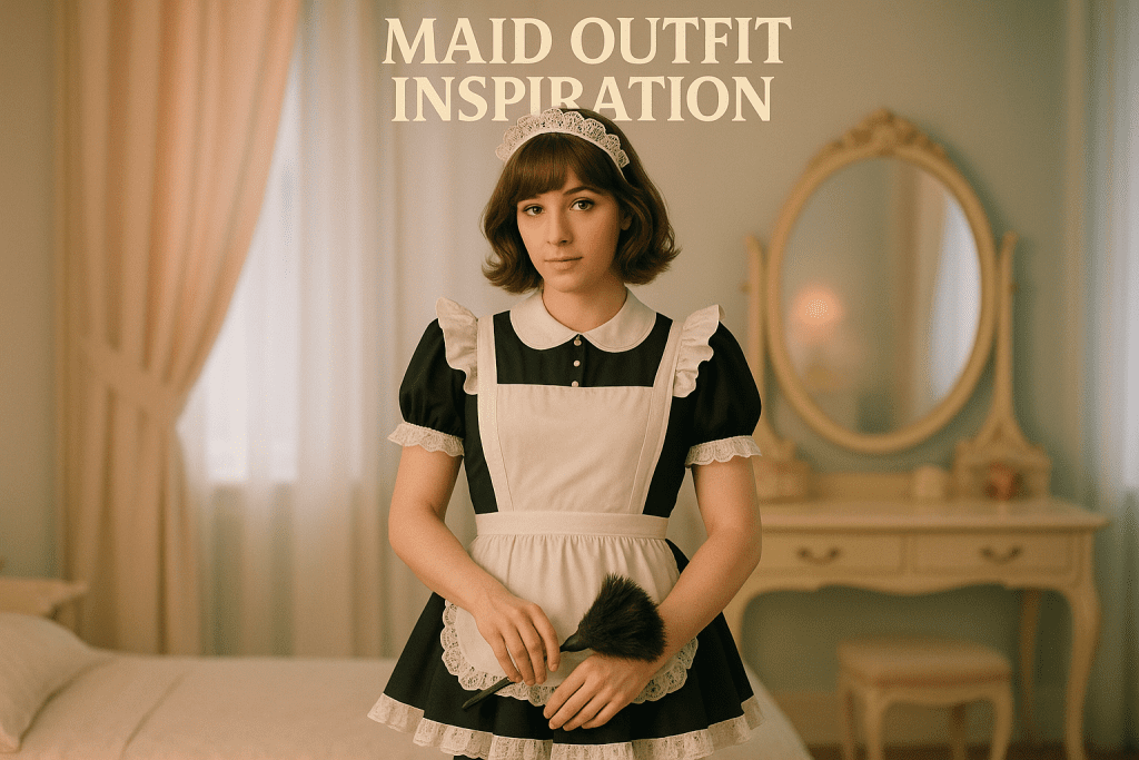 Sissy maid outfit inspiration – black and white frilly uniform with apron, thigh-high stockings, lace headband in pastel glam bedroom.