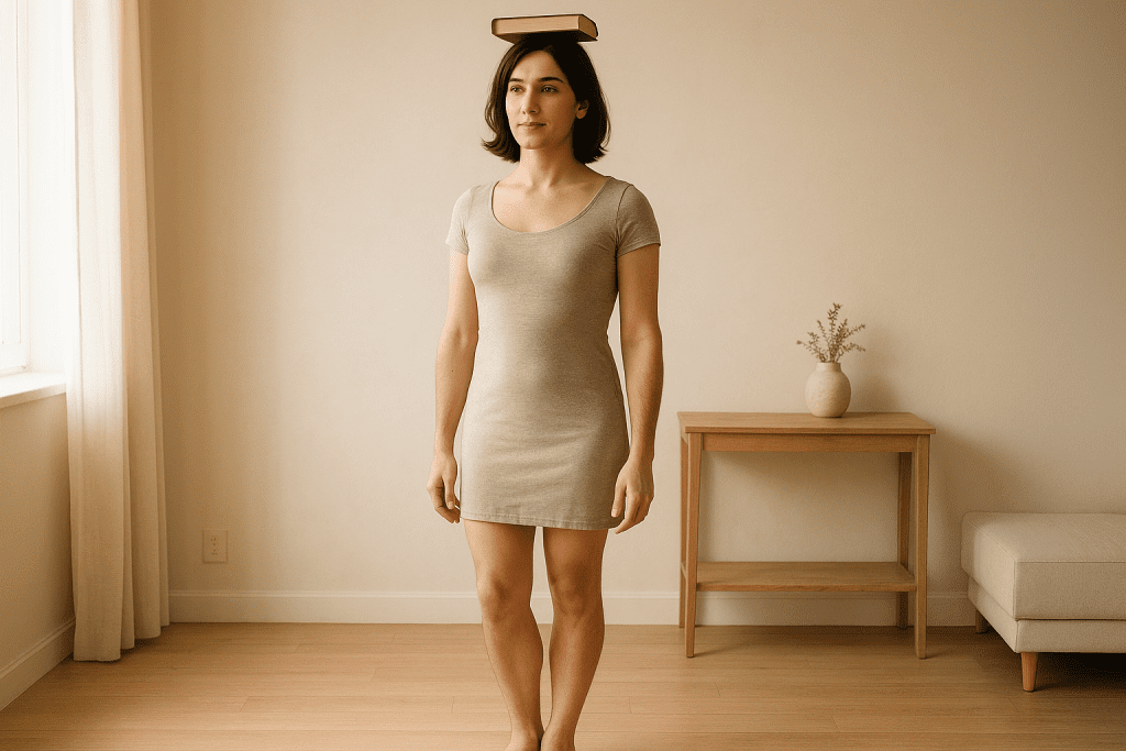 How to Walk Like a Feminine Girl - Crossdresser practicing feminine posture drill with book balance