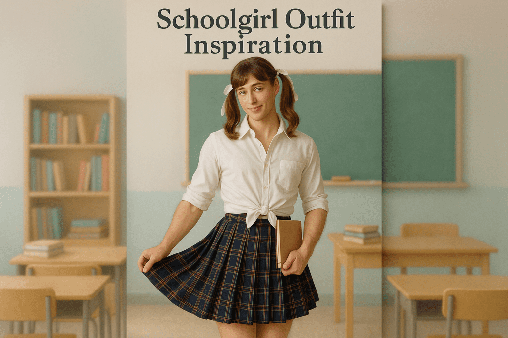 Schoolgirl sissy outfit inspiration – pleated plaid skirt, button-down shirt tied at waist, knee socks, pigtails, girly notebook prop.