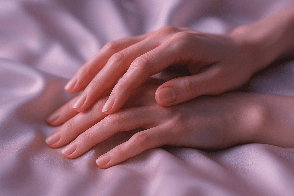 Hands trembling on satin sheets representing restraint, surrender, and asking for control.