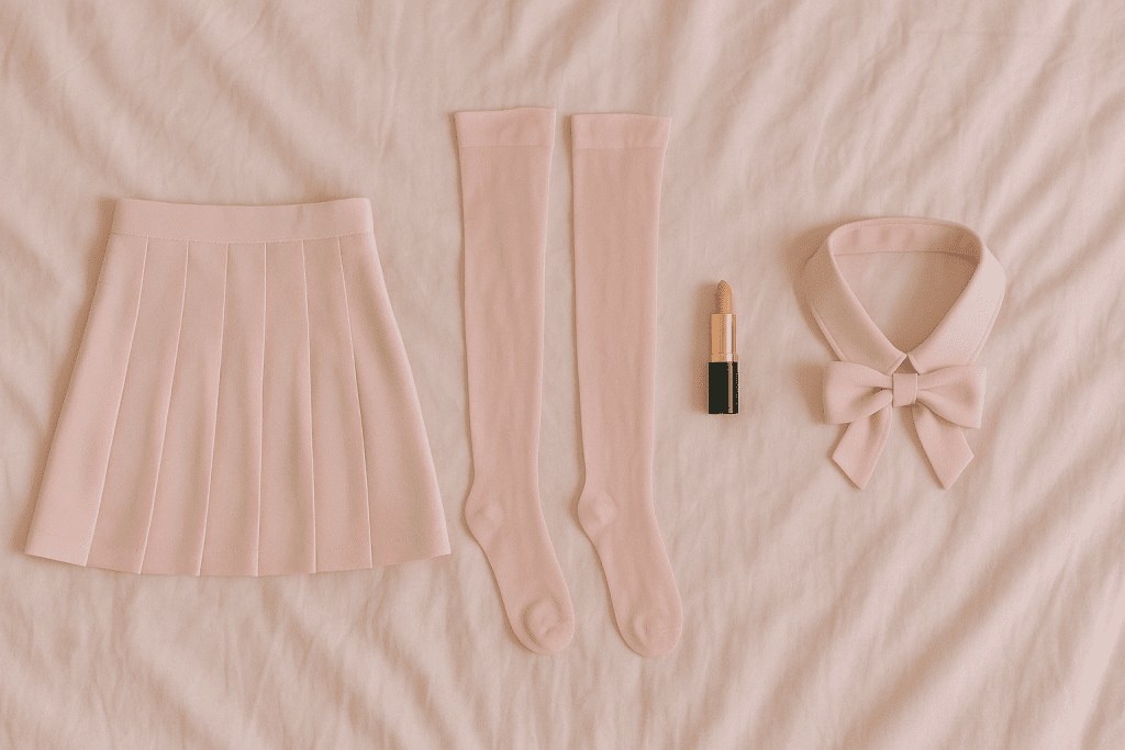 Outfit ladder—skirt, stockings, lipstick, collar—arranged in sequence for playful buildup