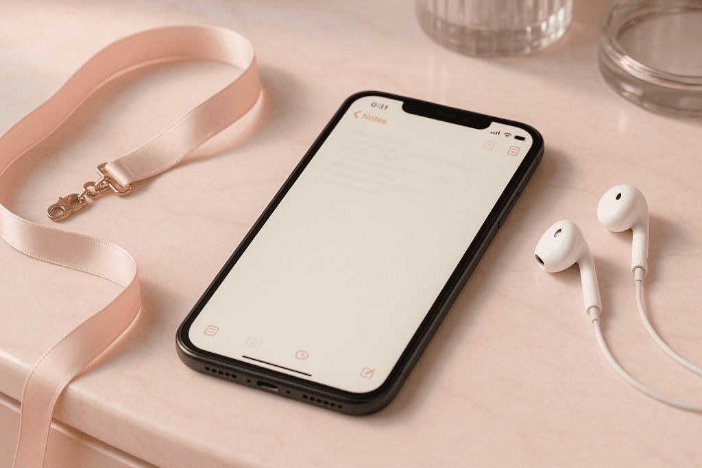 Smartphone on a vanity beside a ribbon choker and earbuds, suggesting prepared consent scripts.