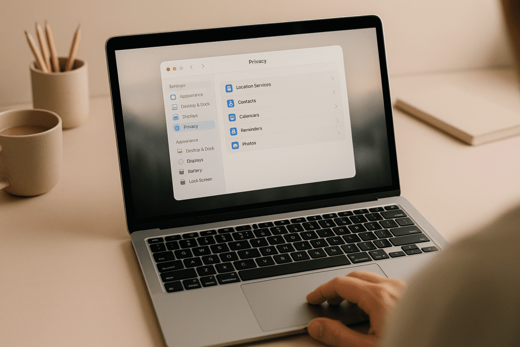 Over-shoulder view of privacy settings on a laptop, representing control over online identity.