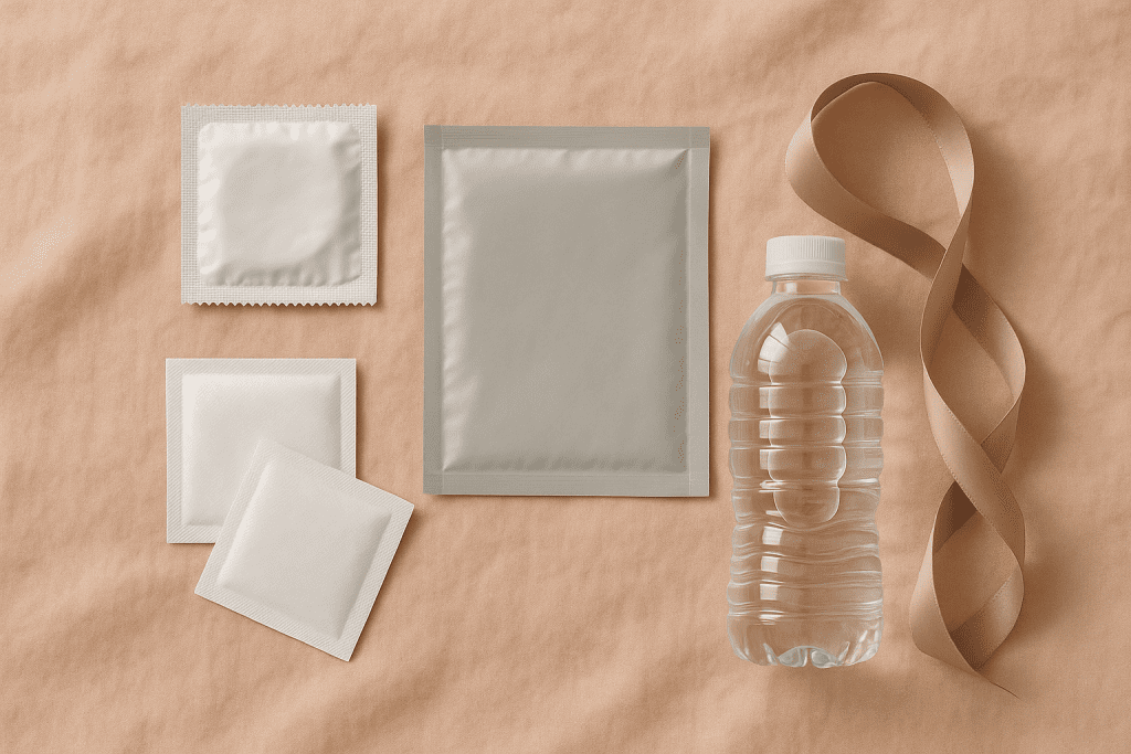 Discreet safer-sex essentials arranged neatly on pastel fabric with a silk ribbon.