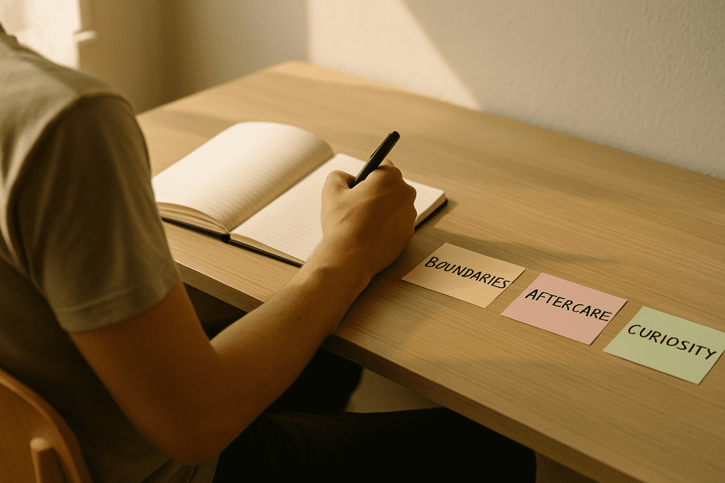 Open diary with pen and pearls on a vanity, implying a private checklist of boundaries and desires.