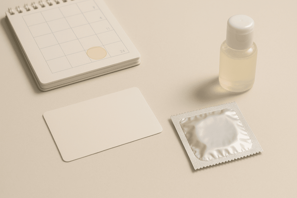 Calendar, discreet appointment reminder, and protection arranged neatly to show routine sexual health.