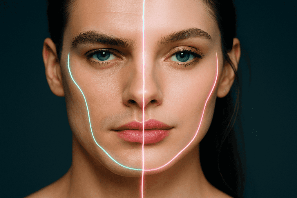 Facial feminization surgery before and after comparison illustration.