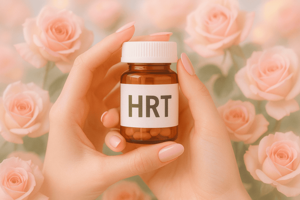 Feminine hand holding HRT pill bottle & flowers.