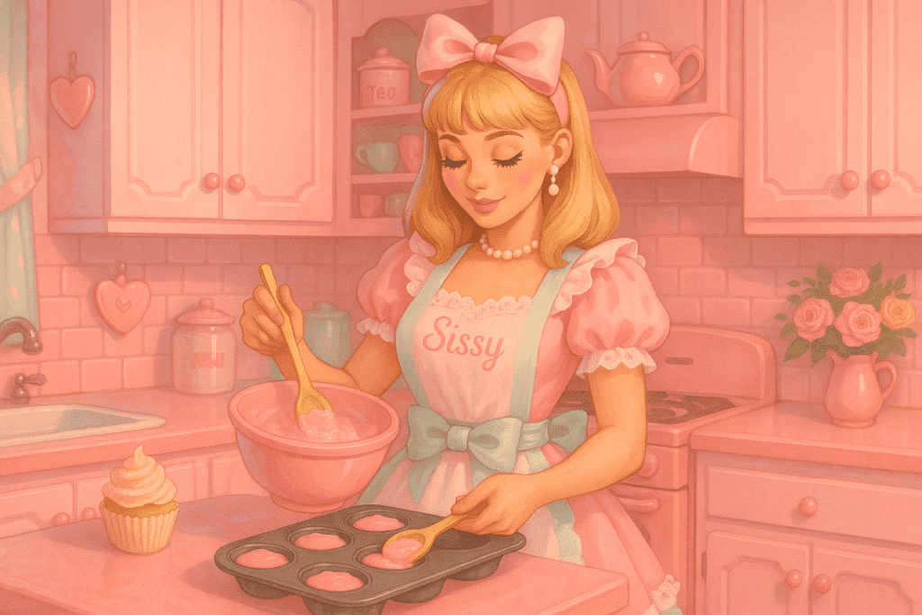 Sissy housewife role, cooking and cleaning in apron.