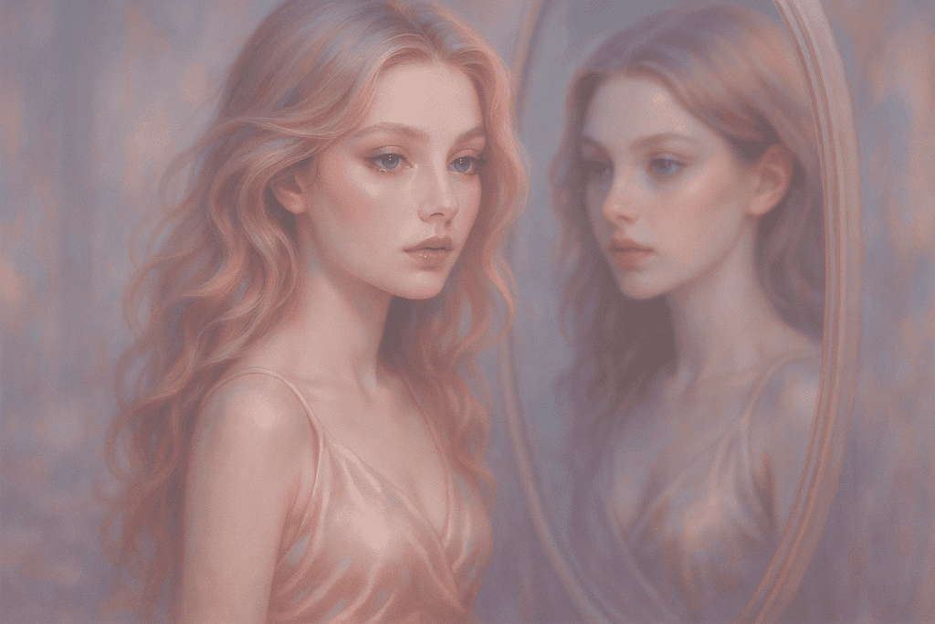 Visual representation of a sissy discovering her feminine persona in a mirror