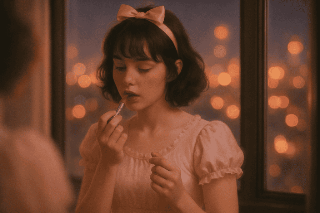 Sissy applying lipstick nervously before first time going outside.