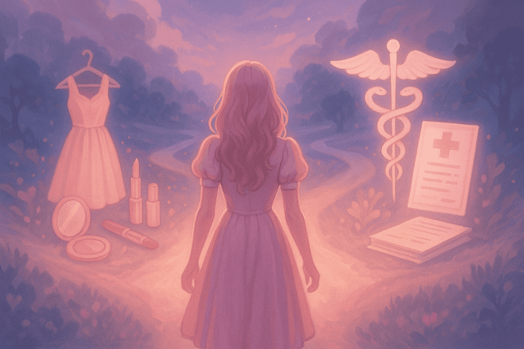 sissy standing at crossroads of transition, feminine journey illustration.