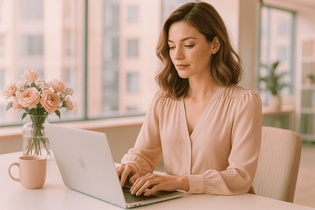 Sissy working as her true feminine self at office desk.