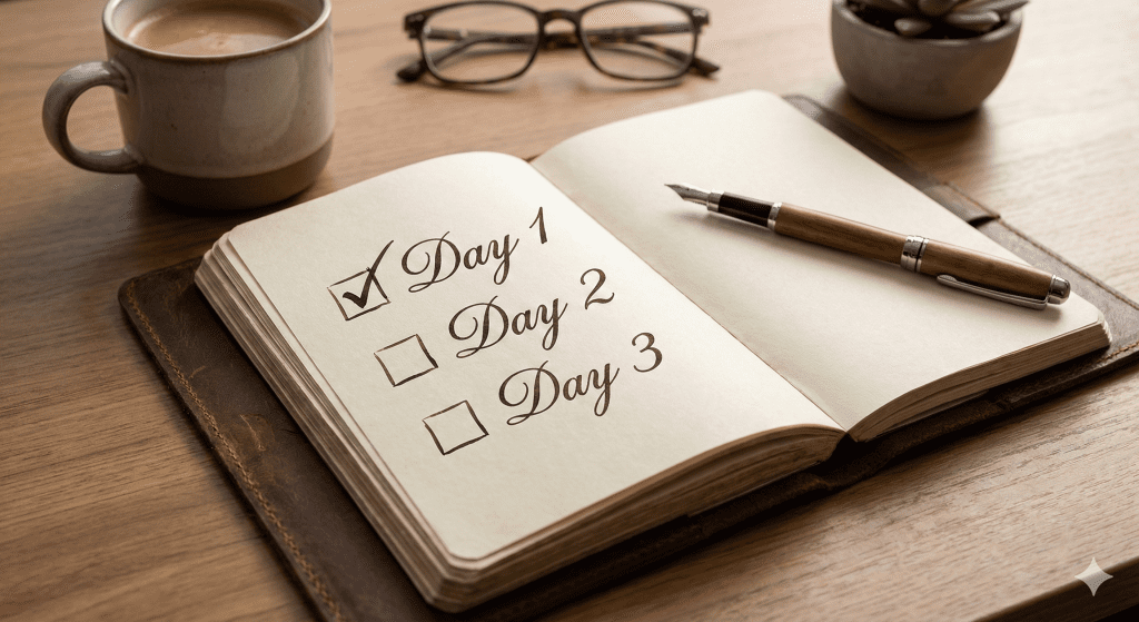 An open journal showing a 7-day checklist for a morning challenge with the first day checked off.