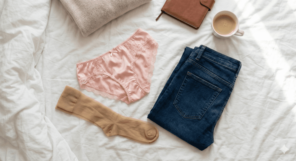 Satin panties and stockings laid out on a bed next to regular trousers, symbolizing the secret femme layer underneath daily clothes.