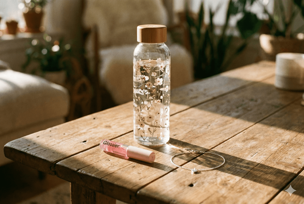 Daily feminine essentials including a water bottle and lip gloss for maintaining poise throughout the day.