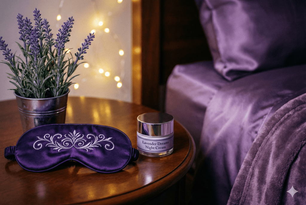 Nighttime beauty routine setup with silk eye mask and night cream for beauty sleep