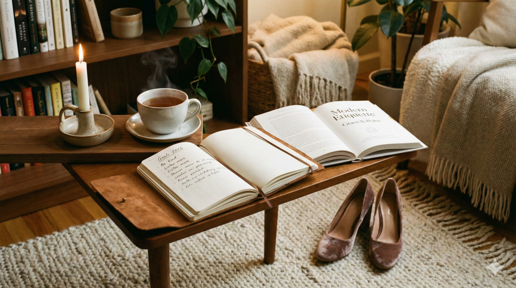 ournaling setup with heels and etiquette book for feminine mindset training and self-reflection