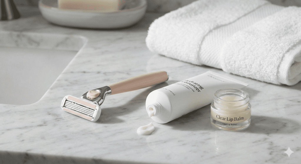 Skincare products, moisturizer, and a razor laid out on a bathroom counter for a morning beauty routine.