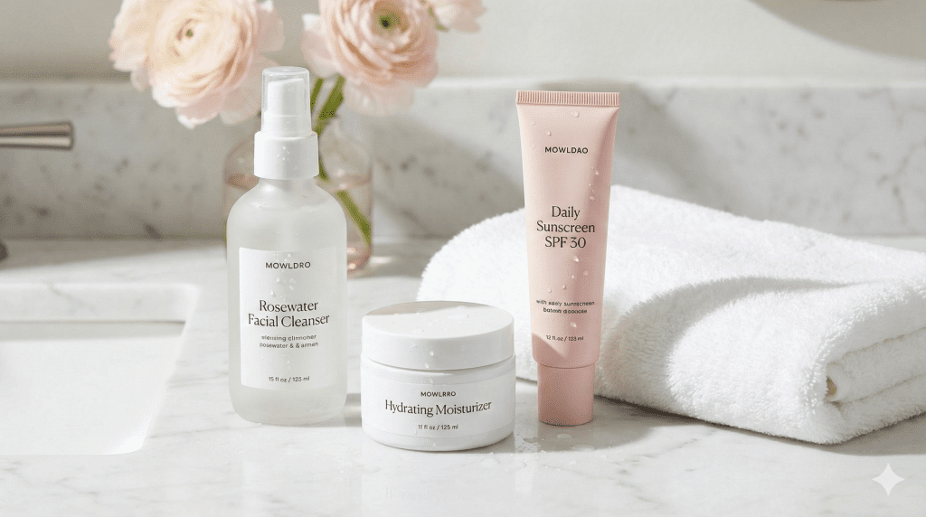 Morning skincare essentials including cleanser and SPF for a fresh feminine start.