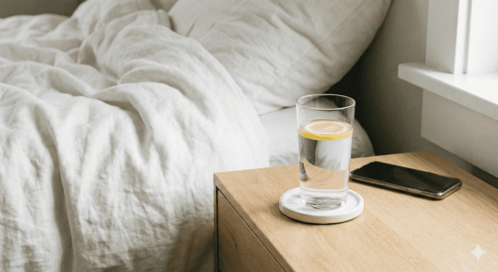 A hand hesitating to pick up a coffee mug on a bedside table next to a sleep mask, symbolizing the start of a disciplined morning routine.