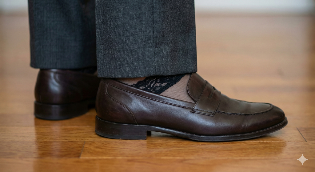 A close-up of an ankle showing a hint of sheer stocking beneath standard trousers, representing a secret femme identity during the day.