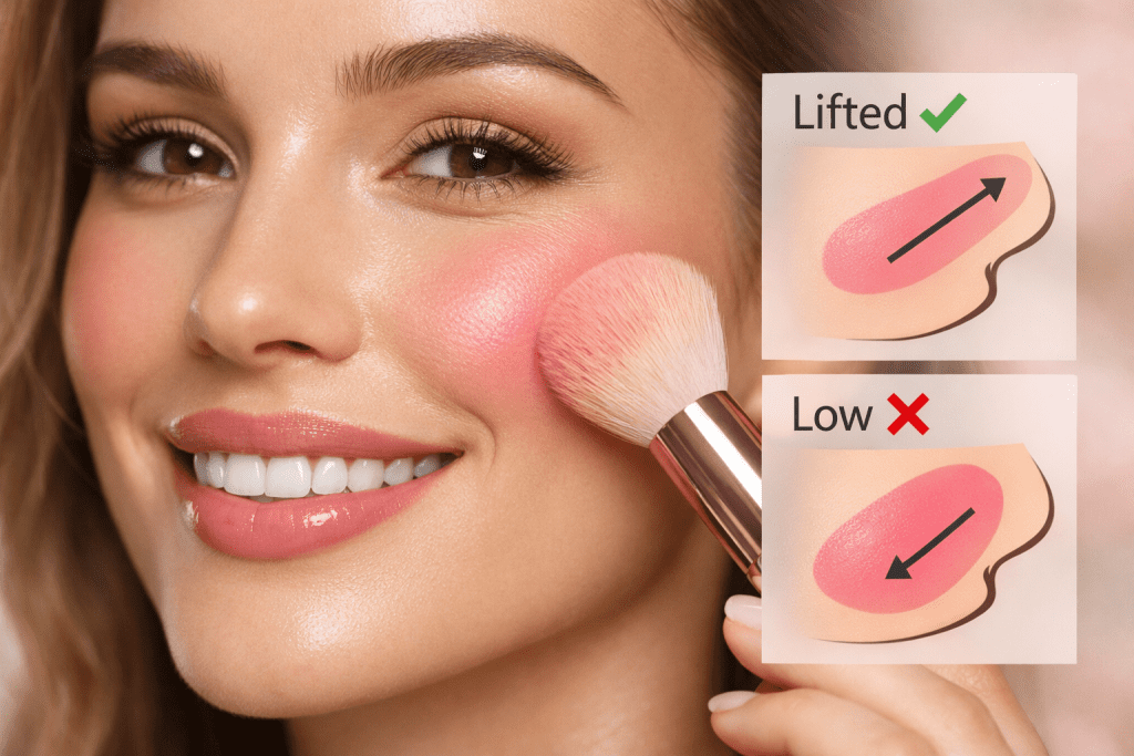 Correct blush placement for feminizing face shape, focusing on the apples of the cheeks for volume.