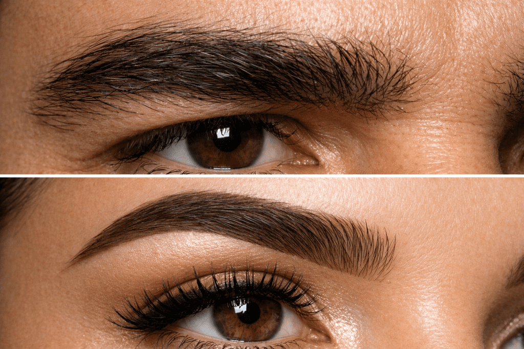 Masculine vs feminine eyebrow shaping guide, showing how to arch and lift the brow for a female look.
